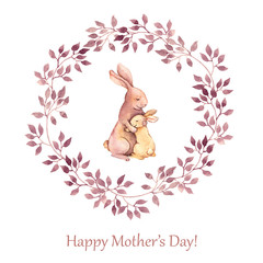 Hand painted greeting card for Mothers day with animals - mother rabbit hugging her kid. Watercolor drawing