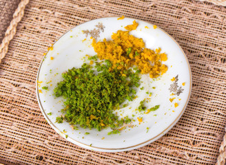 Lime and lemon zest on plate.