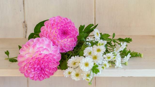 Pretty pink dahlias and white feverfew laying on a shelf.