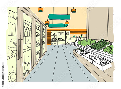 &quot;Supermarket interior hand drawn colorful illustration. Grocery store.&quot; Stock image and royalty