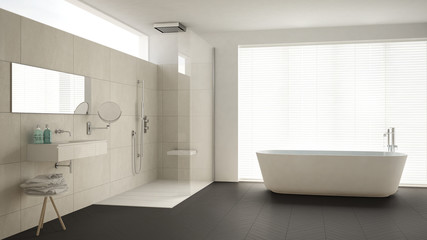 Fototapeta na wymiar Minimalist bathroom with bathtub and shower, parquet floor and marble tiles, classic white and gray interior design
