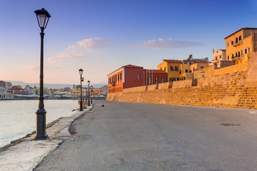 Old Venetian port of Chania at dawn, Crete. Greece
