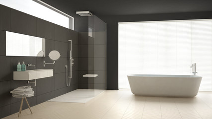 Fototapeta na wymiar Minimalist bathroom with bathtub and shower, parquet floor and marble tiles, classic gray interior design
