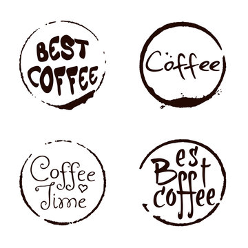 Vector set of cofee ring stains with hand drawn lettering. Grunge style design element.