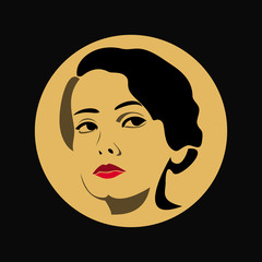 Beauty logo. Woman's face. Abstract concept. Flat design. Vector illustration, gold-black background.