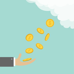 Hand catching golden coin. Money dollar sign falling down from cloud sky. Flat design style. Business support credit icon set. White background.