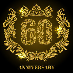 Anniversary of 60 years. Digits, frame and crown made in swirls and floral elements with gold glitter and sparkle