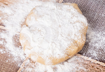 Closeup of fresh cake dough with flour.