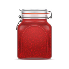 Vector Bale Square Glass Jar with Swing Top Lid filled with berry jam isolated over the white background.
