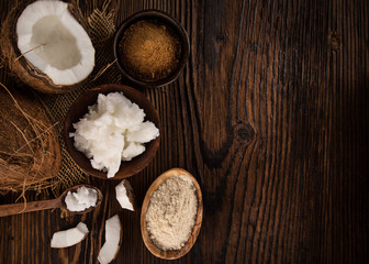 close-up of a coconut oil, sugar and flour