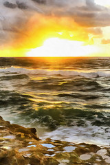 Colorful painting of sunset over Atlantic ocean shore