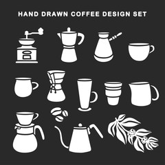 Hand drawn coffee design set. Vector vintage illustration.