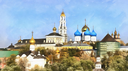 Fototapeta na wymiar Colorful painting of Trinity Lavra of St. Sergius
