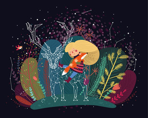 Forest girl, constellation deer, fox hugging, nature, trees