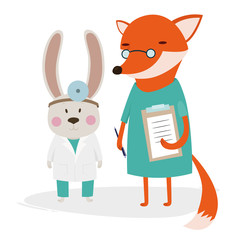 Hare doctor, fox nurse, medical, vector