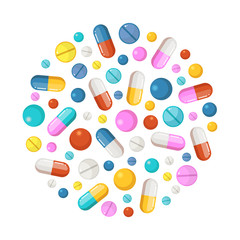 Healthy elements in circle shape background. Vector icons of drugs, long tablets and round pills