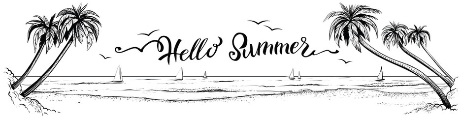 Hello summer, lettering with panoramic beach view. Vector illustration.