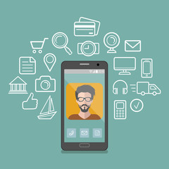 Vector illustration of hipster man app icon on smartphone display in flat style with social media images around him.