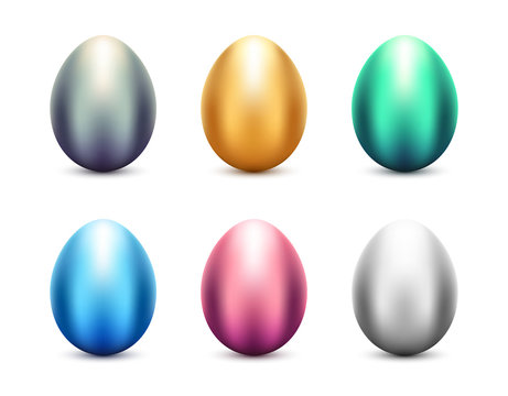 Metal eggs vector set. Shiny colorful metallic Easter eggs on white background.