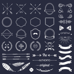 Vintage hipster logo elements with arrows,ribbons,feathers, laurels, badges. Emblem template constructor. Iicon creator.