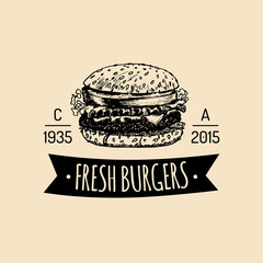 Vector vintage fast food logo. Retro hand drawn burger label. Hipster sandwich sign. Bistro icon. Street eatery emblem.