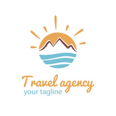 Fototapeta na wymiar Travel logo. Vector logotype template for tour agency. Illustration of Sun, sea and mountains. EPS10. Tourist icon.
