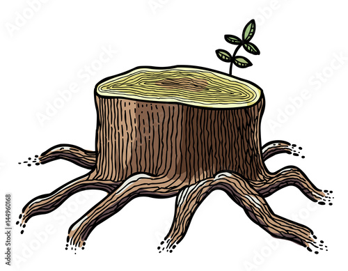"Cartoon image of big tree stump. An artistic freehand picture." Stock