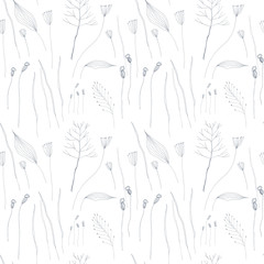 Fototapeta na wymiar Floral vector seamless pattern with hand drawn stylized wild flowers, herbs, grasses and leaves .