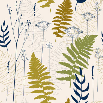 Vector floral seamless pattern with  wild meadow  grasses, fern leaves, lavender and dill or fennel flowers .