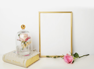 gold picture frame mockup with decorations. Mock up for your photo