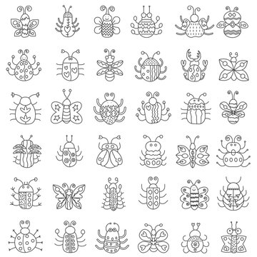 Thin line insects icons set. Outline butterfly, bugs collection.