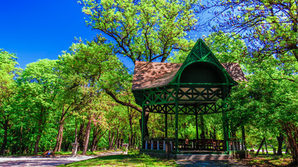 A gazebo in the park of the Military Academy Georgi Sava Rakovski in the center of Sofia. Bulgaria