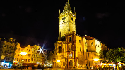 Fototapeta na wymiar Old Town City Hall in Prague (Night view), view from Old Town Square and astronomical clock. Czech Republic