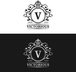 Vector monogram logo template. Luxury letter design. Graceful vintage character with crown and lions illustration.
