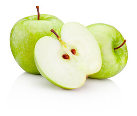 Ripe green apples and half isolated on a white background
