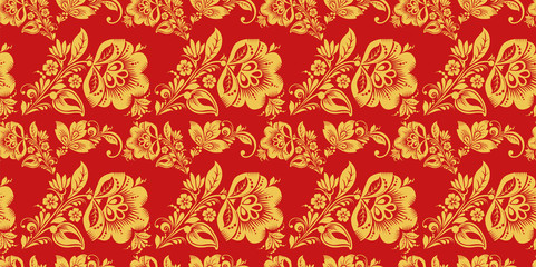 Russian seamless pattern vector with hohloma decor elements. Floral style decoration in red and gold colors. Classic  khokhloma floral ornament
