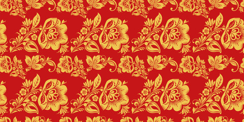 Obraz premium Russian seamless pattern vector with hohloma decor elements. Floral style decoration in red and gold colors. Classic khokhloma floral ornament