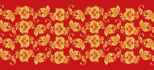 Hohloma branch lines seamless pattern vector. Russian traditional ornament in red and gold colors. Classic khokhloma floral background