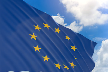 3D rendering of European Union flag waving on blue sky