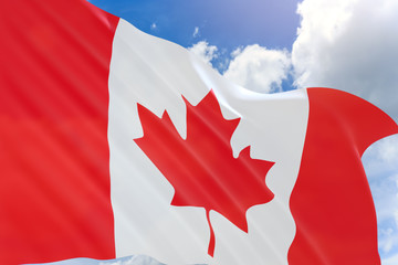 3D rendering of Canada flag waving on blue sky background