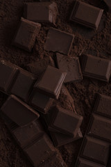 Close-up of a dark chocolate bar pieces