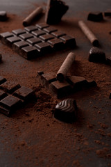 Close up of chocolate bar crashed into pieces