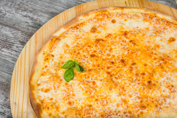 Thin pizza with cheese, rosemary and spices on a light wooden background. Italian pizza on a background of green basil and fresh vegetables