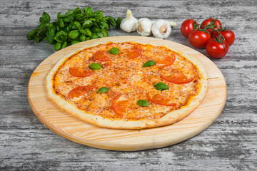 Thin pizza with tomatoes and cheese, rosemary and spices on a light wooden background. Italian pizza on a background of green basil and fresh vegetables