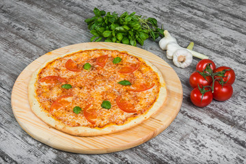 Thin pizza with tomatoes and cheese, rosemary and spices on a light wooden background. Italian pizza on a background of green basil and fresh vegetables