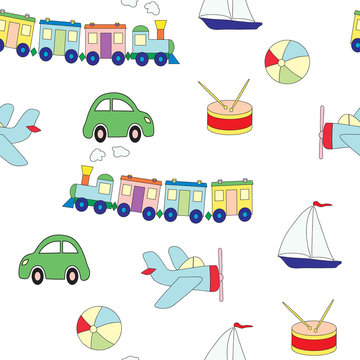 Seamless pattern with toys for the boy. A vector picture with plane, a drum, train, the car.