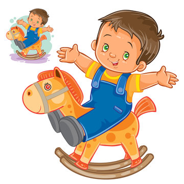 Vector illustration little boy rocking wood horse. Print