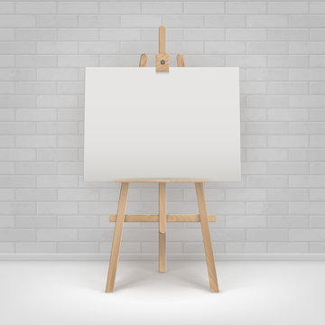 Vector Wooden Brown Sienna Easel with Mock Up Empty Blank Horizontal Canvas Standing on Floor in front of Brick Wall