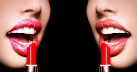 Matte and glossy lipstick set or collage. Lips with lipstick closeup, sensual female. Two women Faces With Red Lipstick On Full Lips. Beauty Cosmetics, Makeup Concept - obrazy, fototapety, plakaty