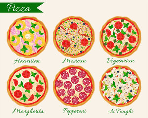 Pizza set vector illustration. Hawaiian, Margherita, Pepperoni, Vegetarian, Mexican, Mushroom pizza